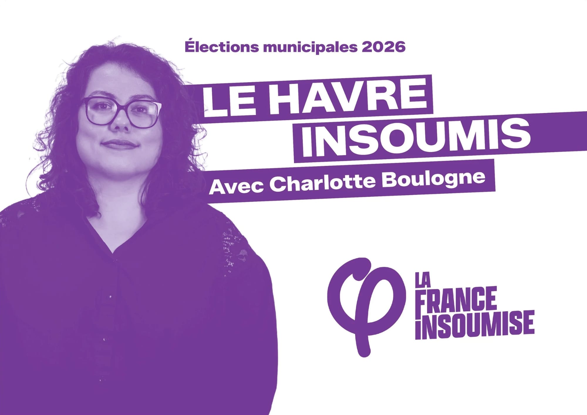 Recto du bulletin de vote de la liste Le Havre Insoumis, avec un portrait de Charlotte Boulogne a gauche